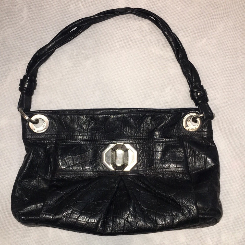 Makowsky Black Leather Shoulder Bag – Leopard Lining – Silver Octagon Clasp